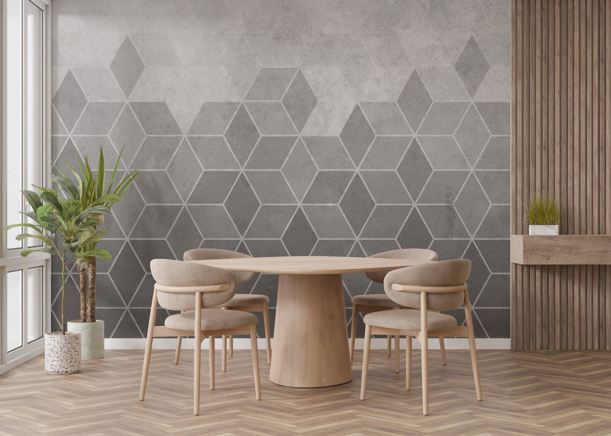 Large dining area featuring a grey concrete wall mural with wooden furniture.