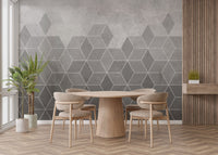 Large dining area featuring a grey concrete wall mural with wooden furniture.