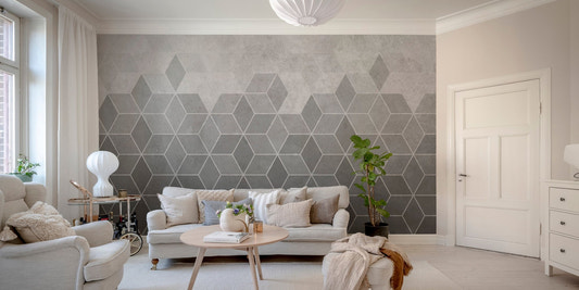 Hexagon Concrete Charm wall mural in a living room with white sofa and plant.