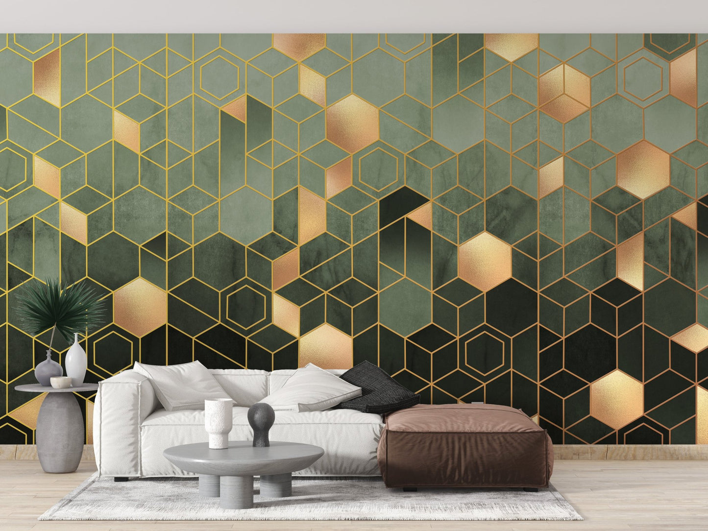 Living space wall mural with dark teal hexagons and metallic gold accents.