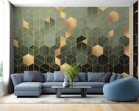 Blue sectional sofa against a dark teal and gold geometric wall mural.