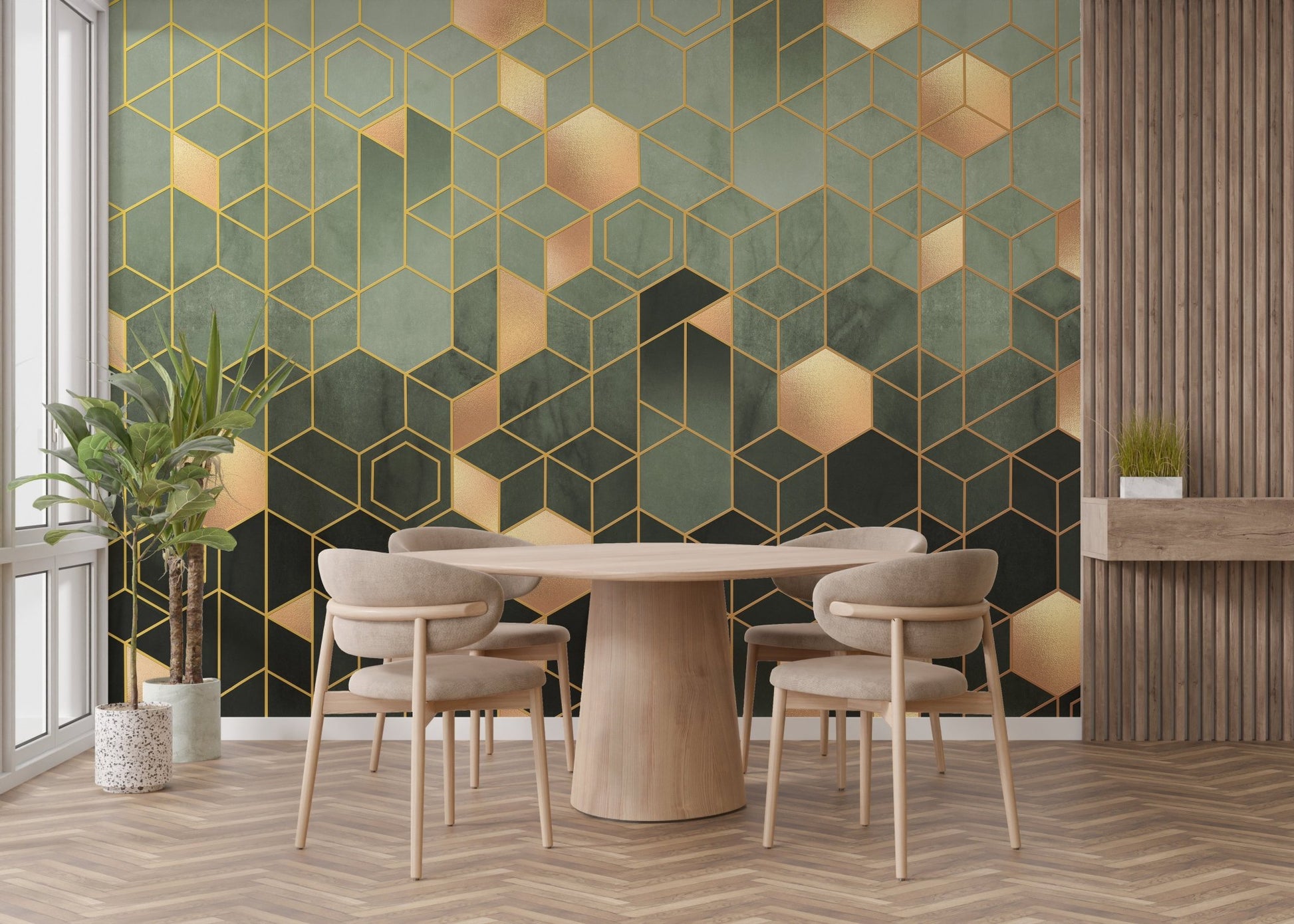 Neutral dining area with round table and ombre wall mural backdrop.