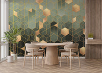 Neutral dining area with round table and ombre wall mural backdrop.