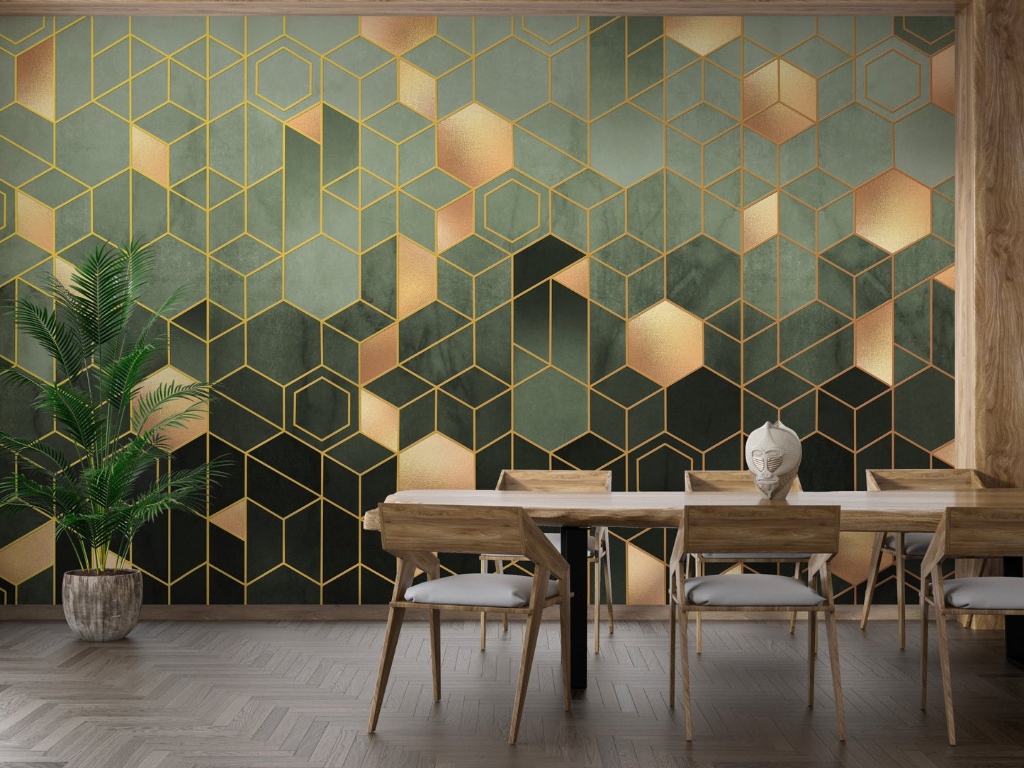 Chic Hexagonal Ombre Gold Wall Mural in modern dining area.
