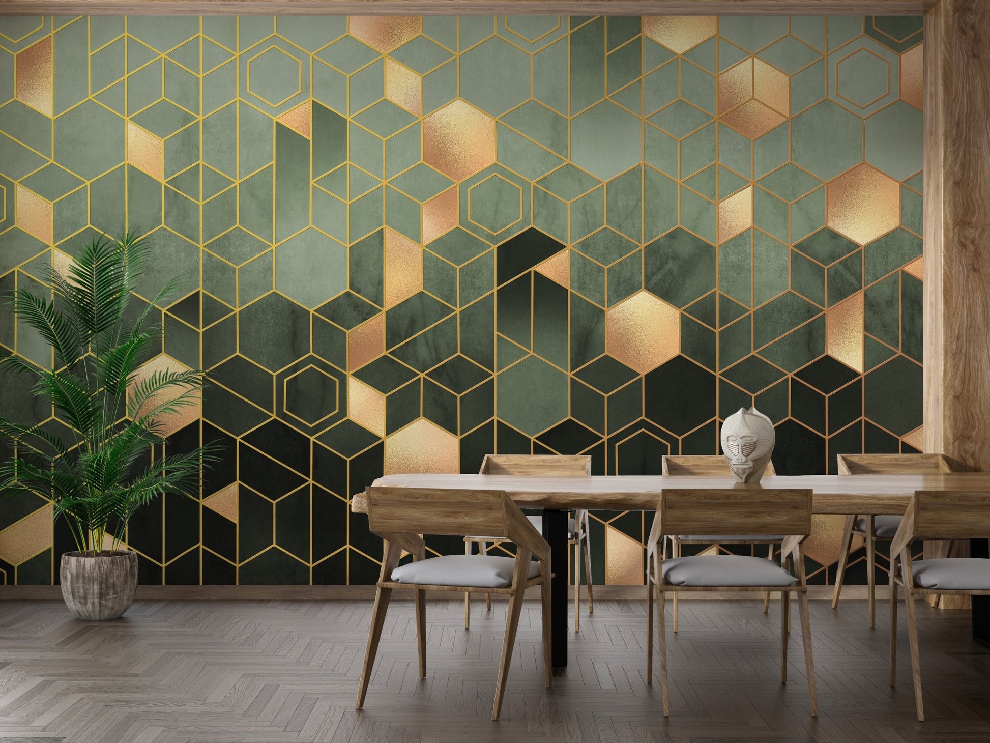 Chic Hexagonal Ombre Gold Wall Mural in modern dining area.
