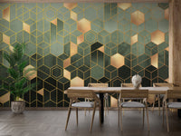 Chic Hexagonal Ombre Gold Wall Mural in modern dining area.
