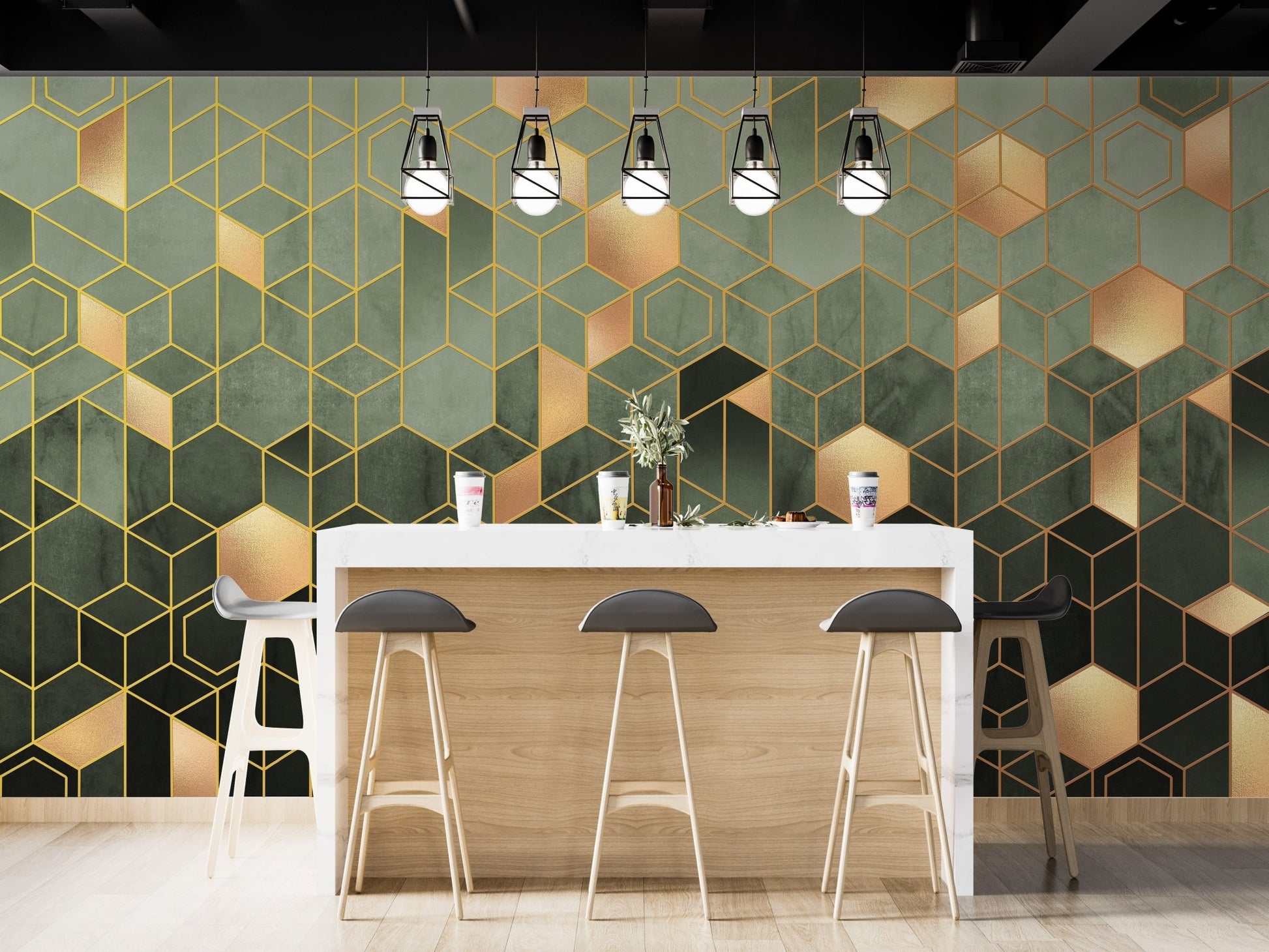 Modern bar area featuring dark green and gold geometric wall mural.