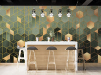 Modern bar area featuring dark green and gold geometric wall mural.