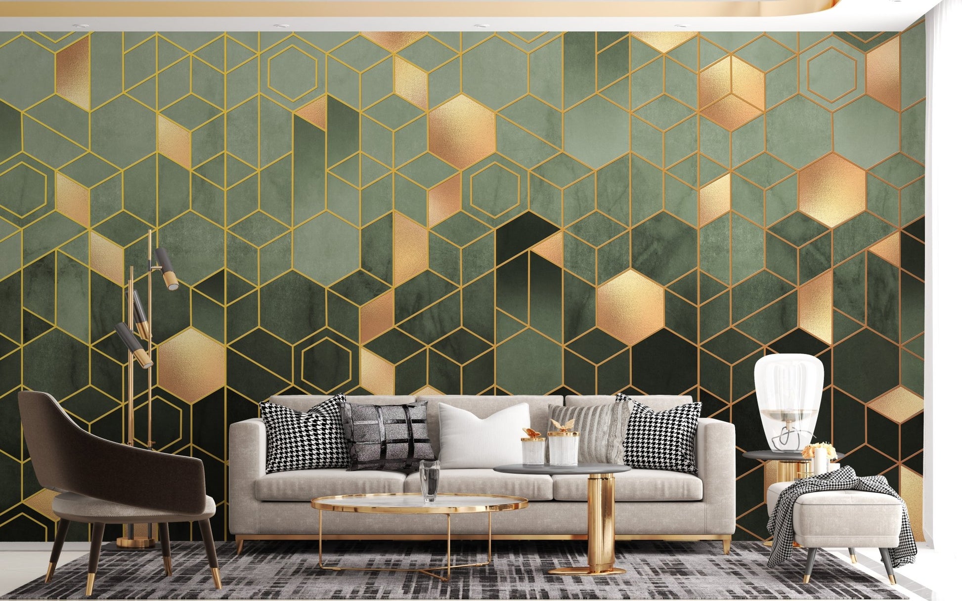 Hexagonal Ombre Gold mural in a contemporary living room with a sofa.