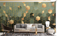 Hexagonal Ombre Gold mural in a contemporary living room with a sofa.