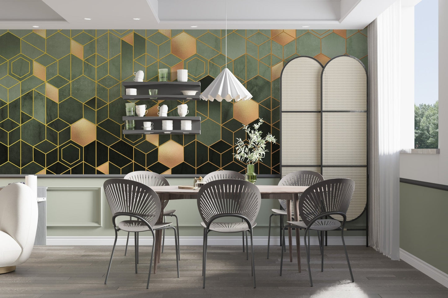 Dining room wall mural with dark green tones and gold honeycombs.