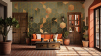 Terrace room featuring a ombre wall mural design with orange seating.