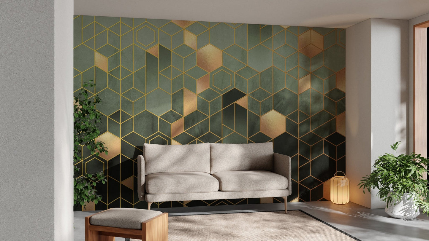 Modern Hexagonal Ombre Gold Wall Mural in minimalist living area.
