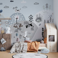 Playful hillside mural featuring colorful cartoon creatures in kids bedroom.
