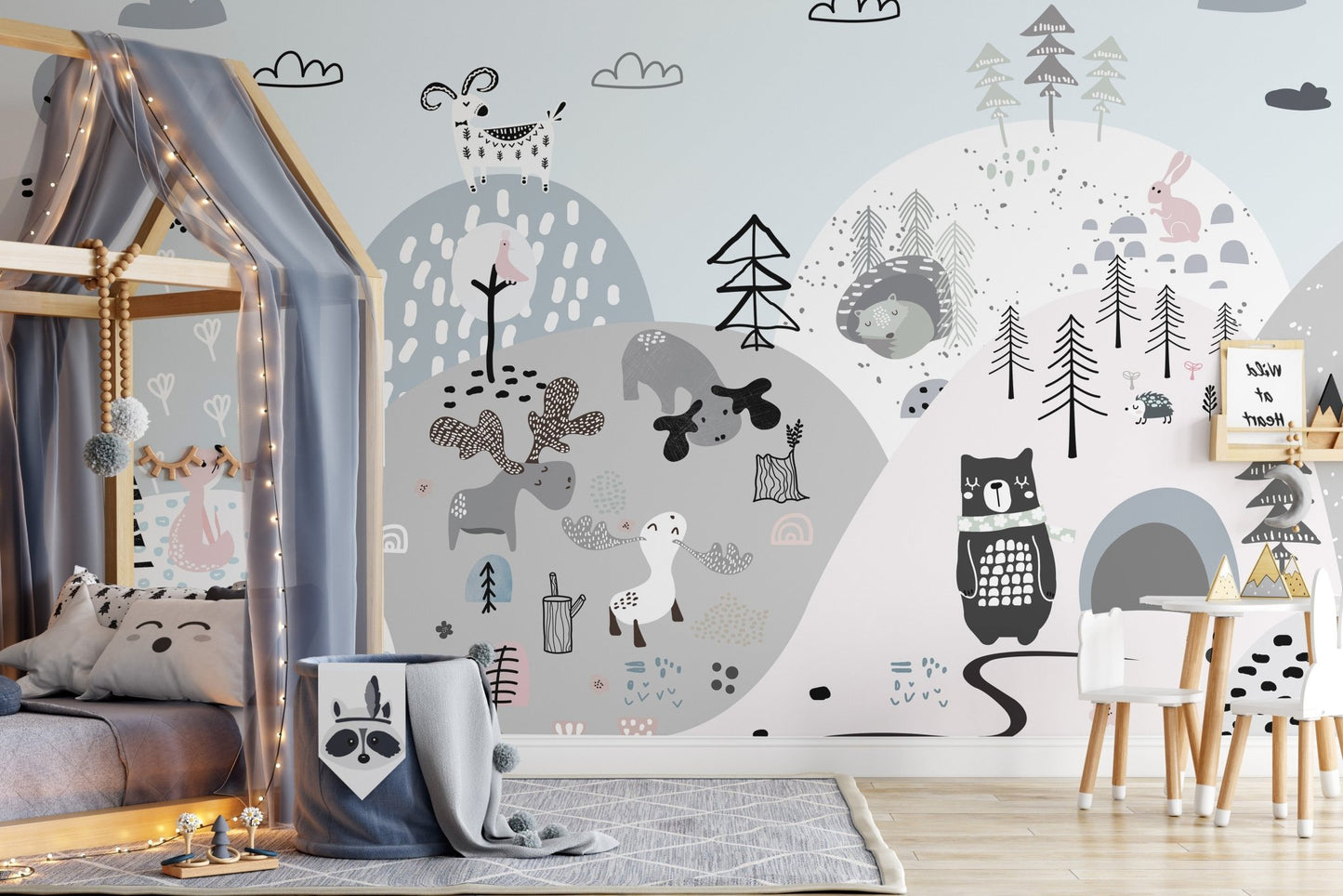 Hillside mural showcasing vibrant cartoon animals for bedroom decor.
