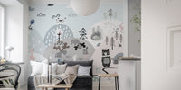 Cartoon creatures on a hillside mural for cheerful wall living spaces.
