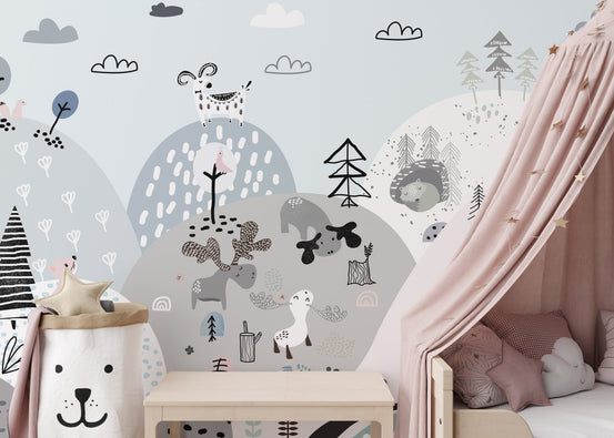 Hillside mural adding fun and charm with cartoon creatures for children room.
