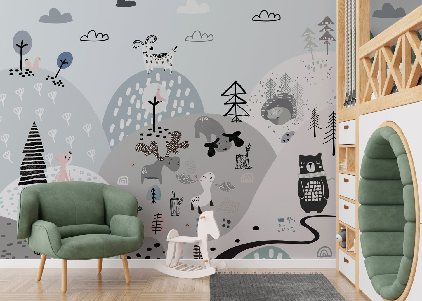 Cartoon creatures mural with a whimsical hillside design for kids nursery.
