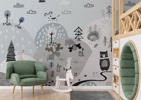 Cartoon creatures mural with a whimsical hillside design for kids nursery.
