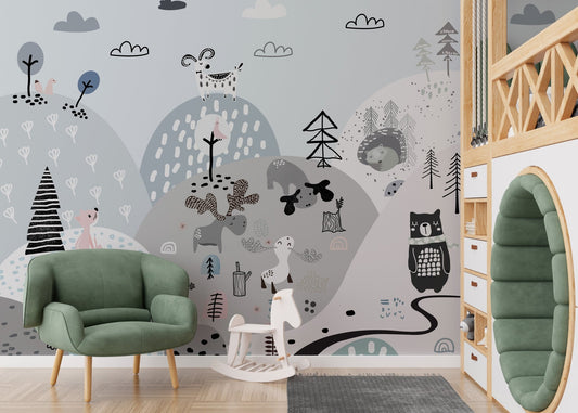 Cartoon creatures mural with a whimsical hillside design for kids nursery.
