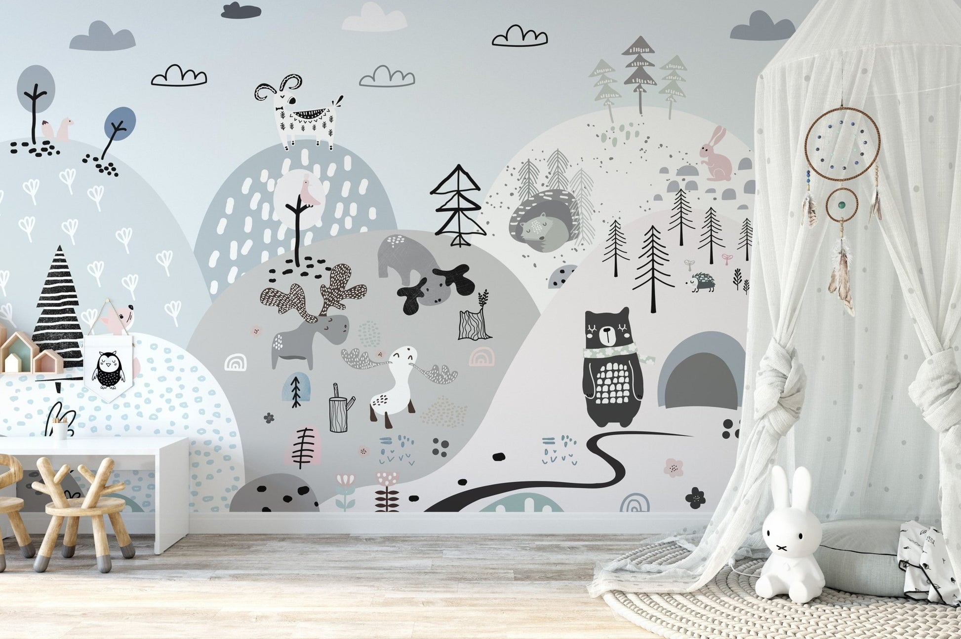 Hillside cartoon creatures mural for playful and creative kids room interiors.

