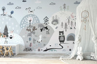 Hillside cartoon creatures mural for playful and creative kids room interiors.
