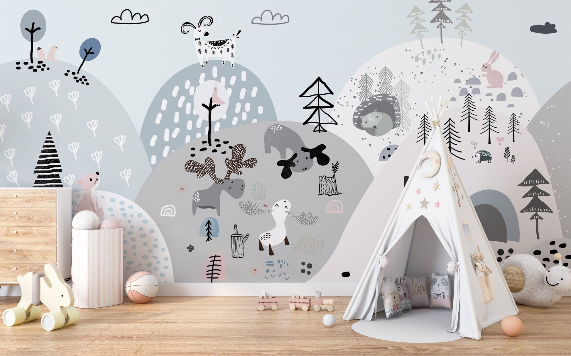 Cartoon-themed hillside mural with adorable creatures for kids playroom.
