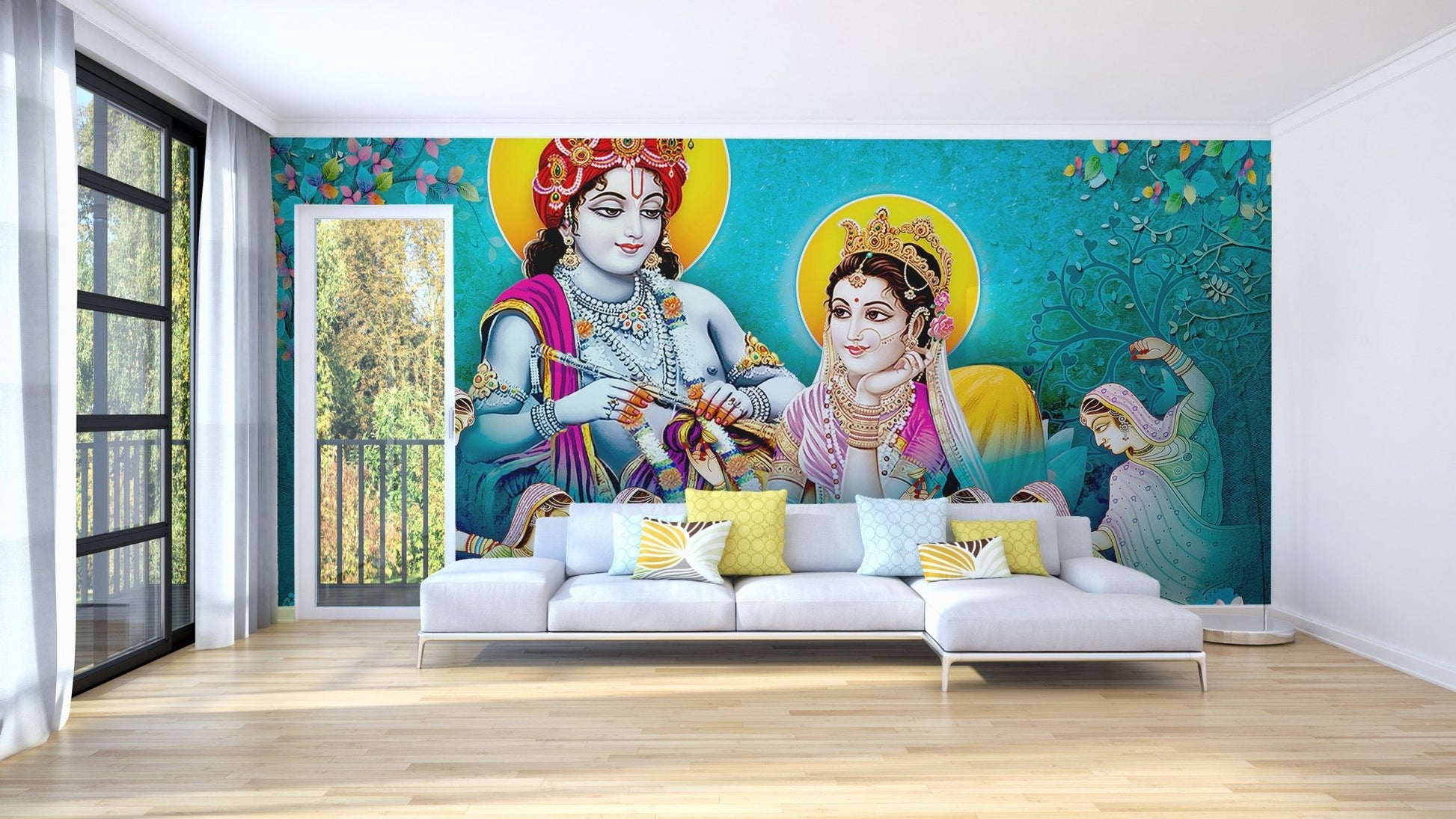 Teal hindu lord radha krishna wall mural with ornate detailing.