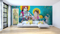 Teal hindu lord radha krishna wall mural with ornate detailing.