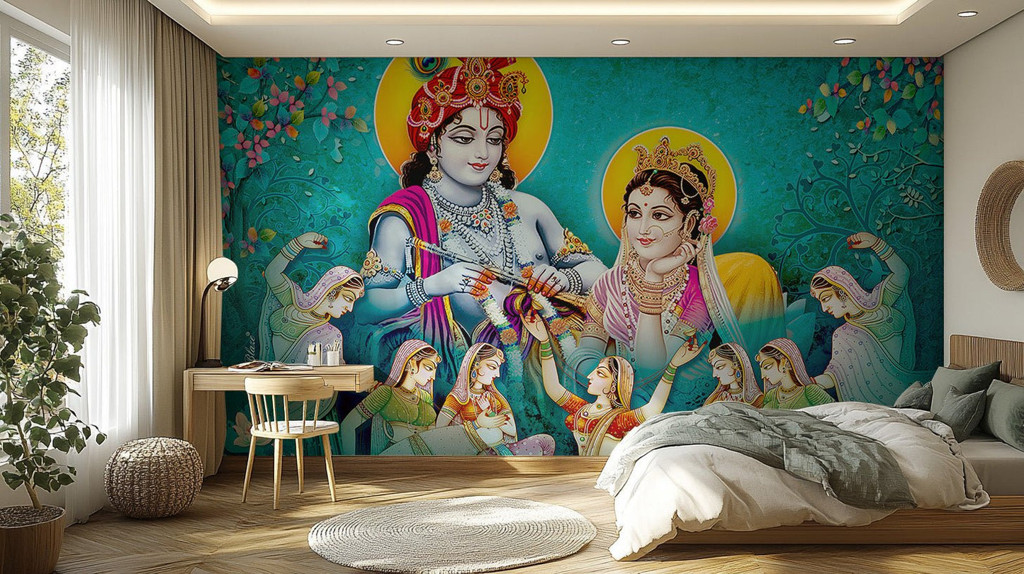 Spiritual hindu lord radha krishna wall mural in vibrant colors.