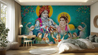 Spiritual hindu lord radha krishna wall mural in vibrant colors.