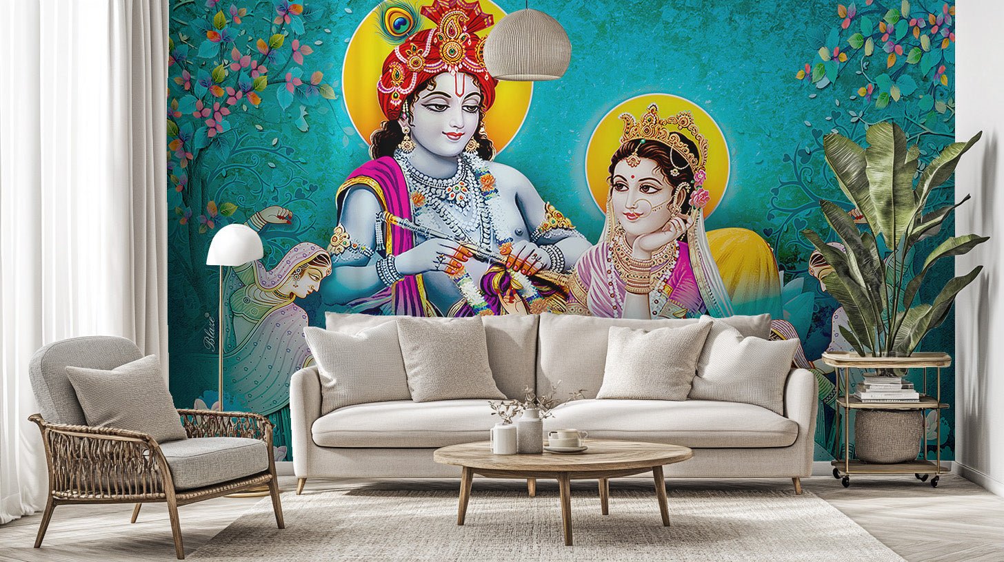 Indian devotional art wall mural with radha krishna illustration.