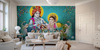 Traditional hindu lord radha krishna wall mural design.