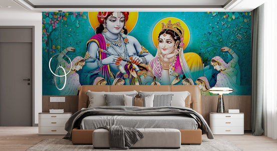 Hindu lord radha krishna wall mural with teal artistic background.