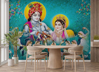 Colorful hindu lord radha krishna wall mural artwork.