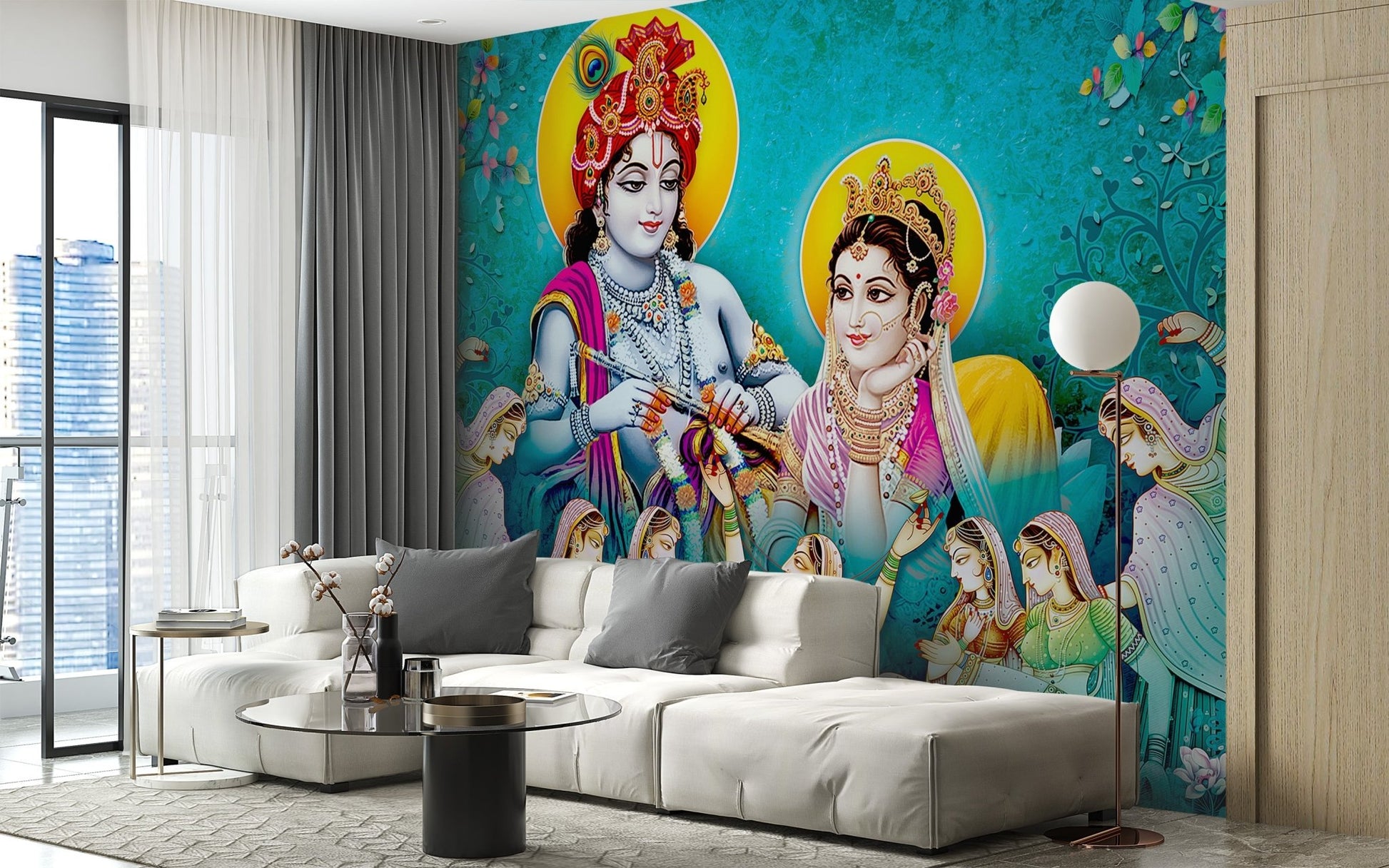 Radha krishna wall mural with golden halos and traditional attire.