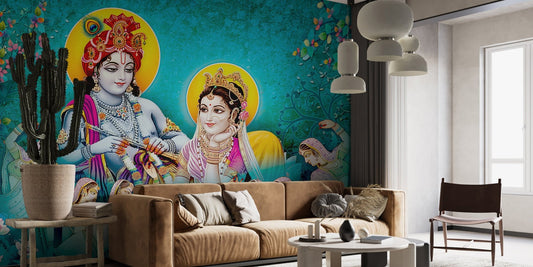 Radha krishna mural in modern devotional art style.