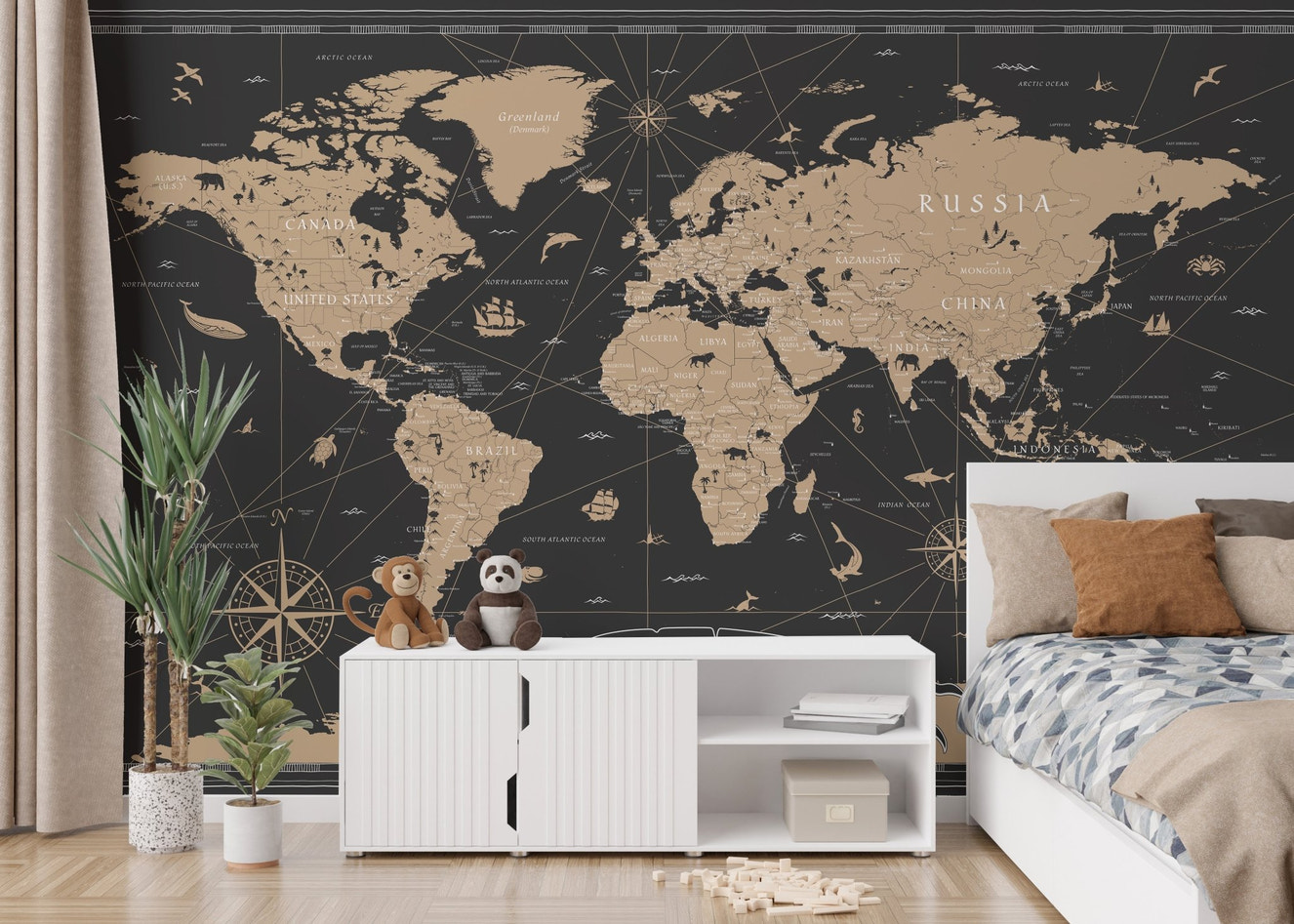 Gold-leaf world map mural with vintage vibe
