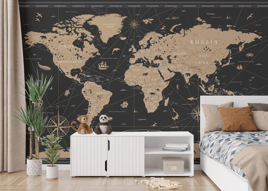 Black and gold world map wallpaper feature wall in contemporary bedroom interior.