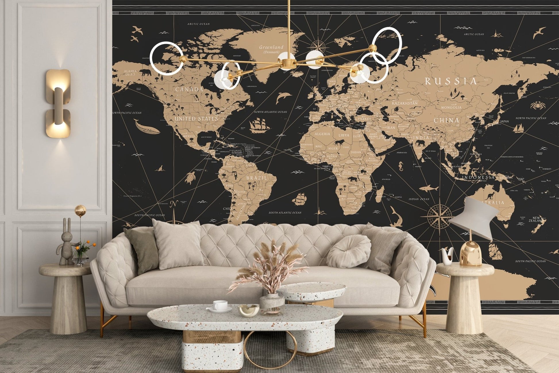 Antique world map mural in gold tones
