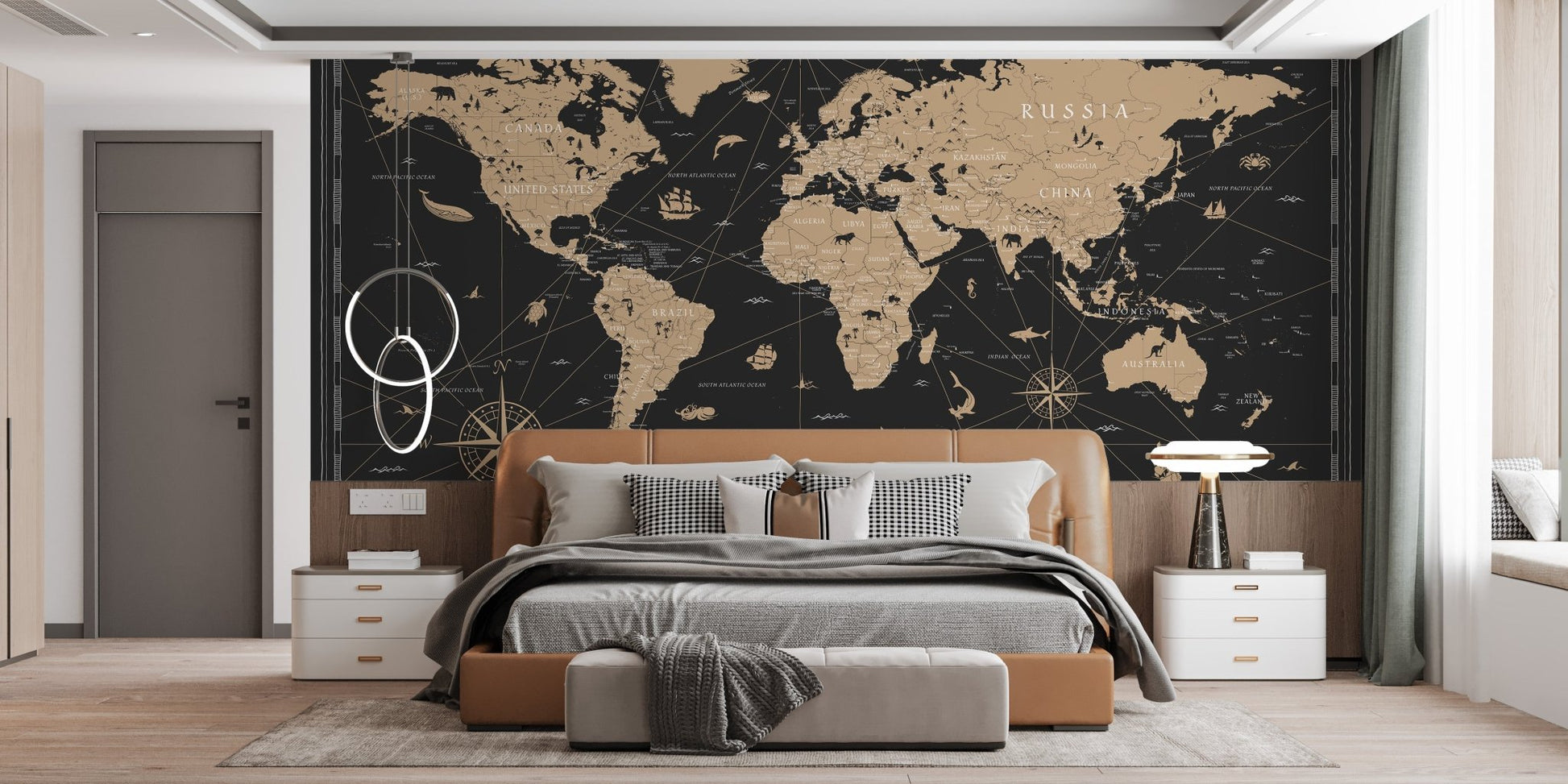 Gold-leaf wallpaper featuring global map
