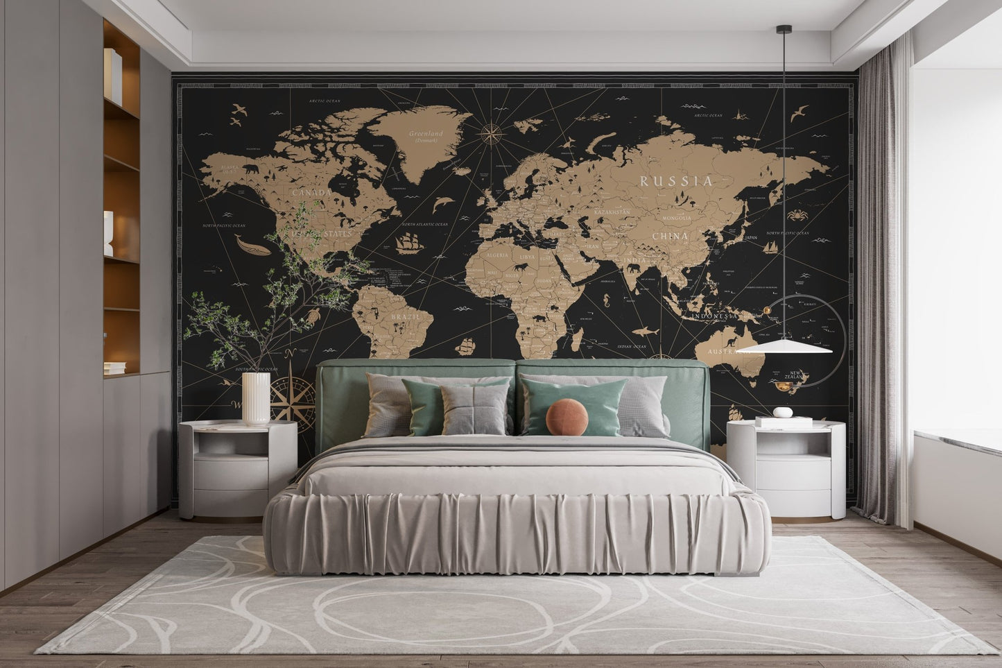 Vintage gold world map mural design

