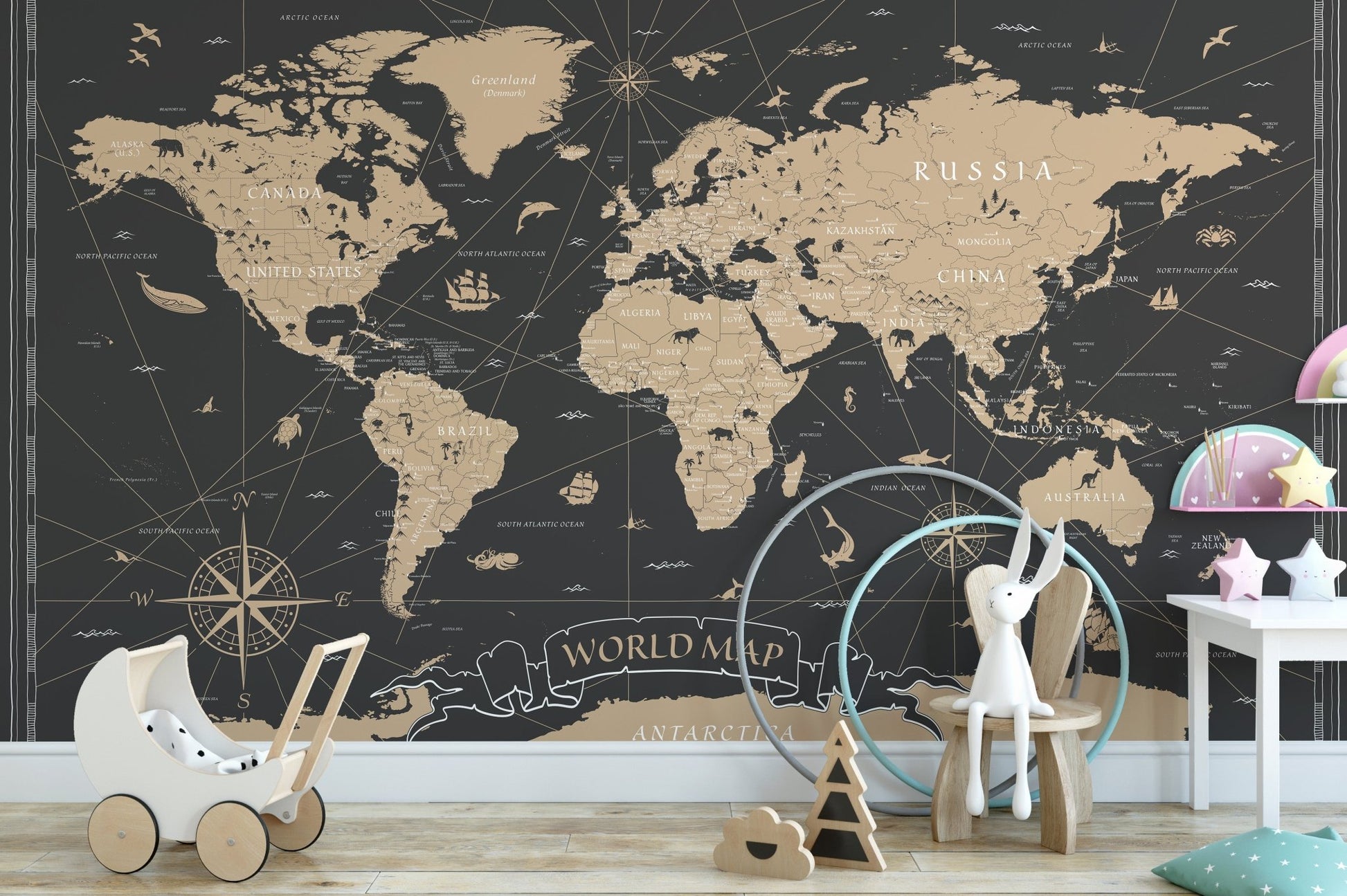 World map mural with antique gold details

