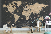 World map mural with antique gold details
