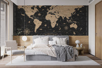 Gold world map mural with classic design
