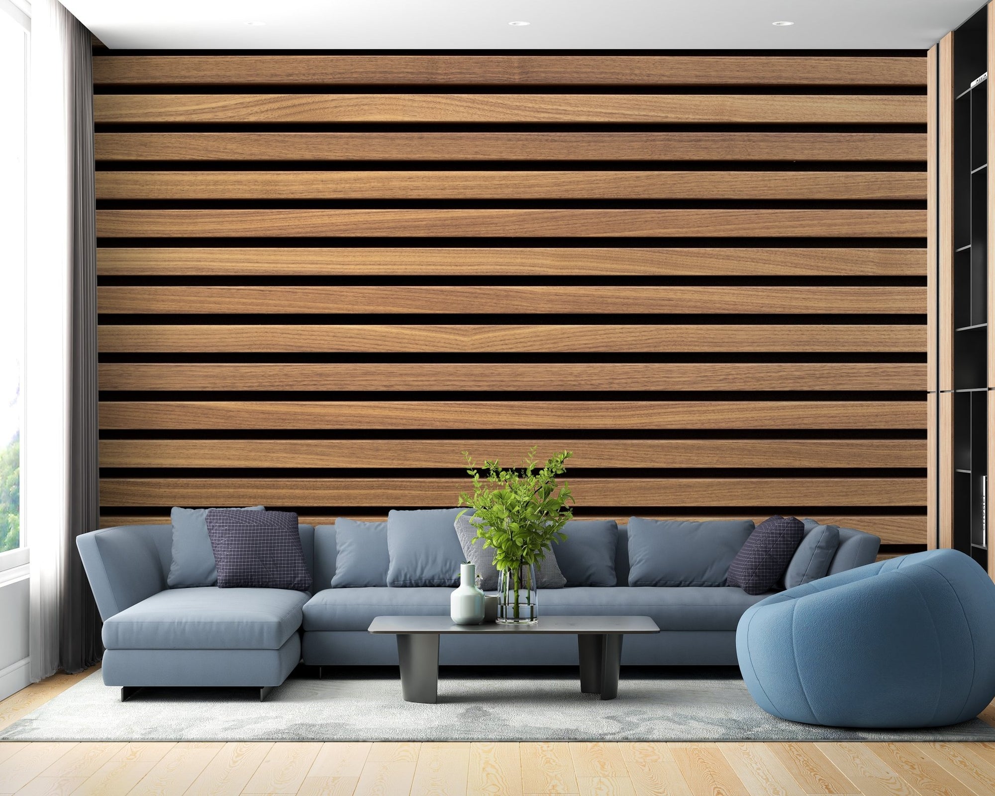 Modern living room with horizontal striped wood wallpaper behind a sofa.