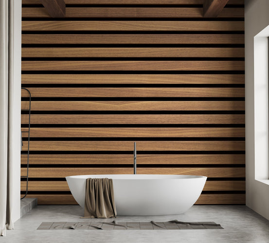 Bathroom interior featuring natural horizontal striped wood wallpaper.