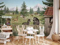 Horse Haven Wall Mural in a dining space with a white rabbit chair and wooden table.