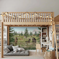 Horse Haven Wall Mural behind a wooden loft bed with fairy lights in a kids bedroom.
