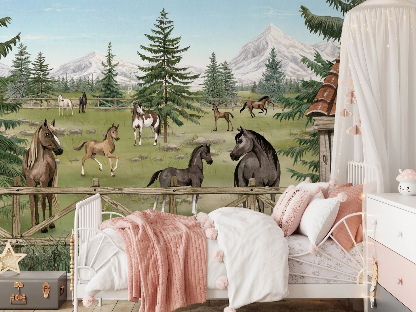 Horse Haven Wall Mural behind a white bed with pink bedding and a canopy.